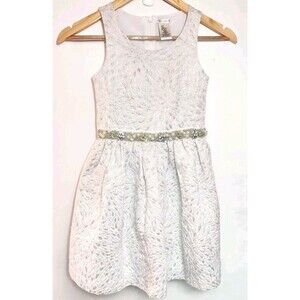 Max Studio Girl's Ivory Silver Pearl Beaded Brocade Party Dress Size 7